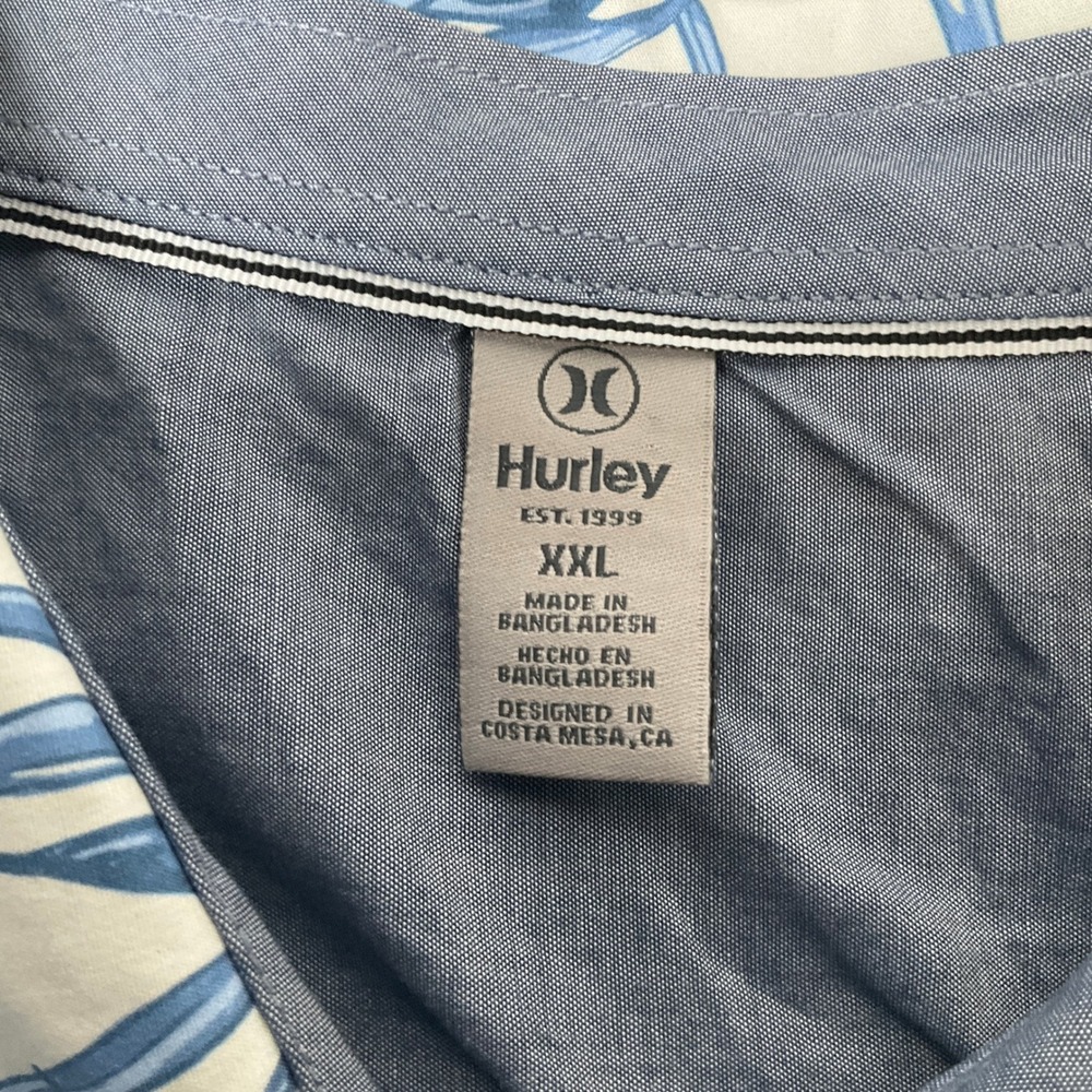 Hurley Button Down Shirt‎ Mens XXL Blue White Cotton Tropical Palm Leaf Coastal - Picture 4 of 10
